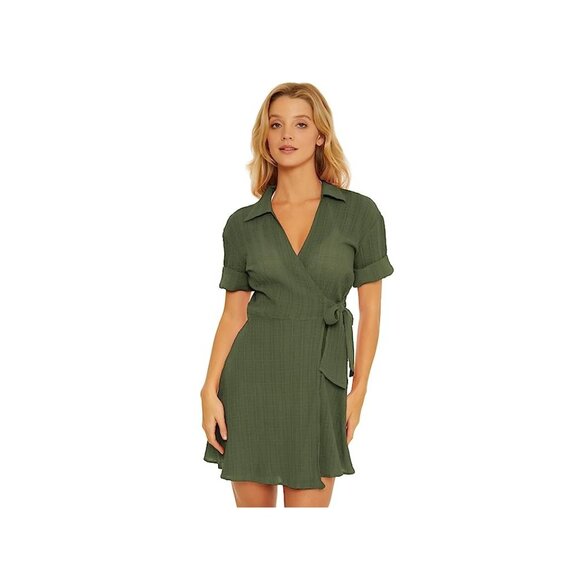 BECCA Playa Textured Collared Wrap Shirtdress Cover-Up Size Small Cactus Green - Picture 5 of 16